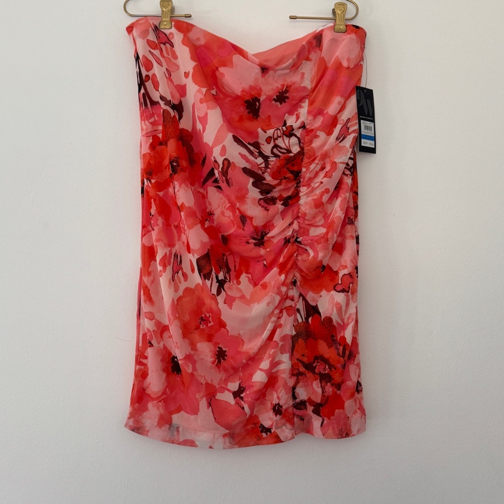 Nine West Pink Floral Watercolor Ruched Front Side Slit Midi Skirt xl